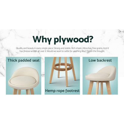 TWSC 2x Bar Stools Padded Leather Wooden Beige