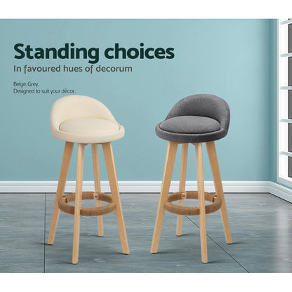 TWSC 2x Bar Stools Padded Leather Wooden Beige