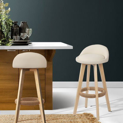TWSC 2x Bar Stools Padded Leather Wooden Beige