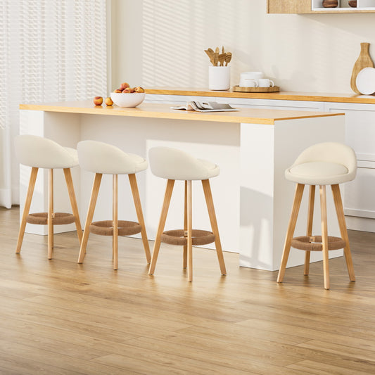 TWSC 4x Bar Stools Padded Leather Wooden Beige