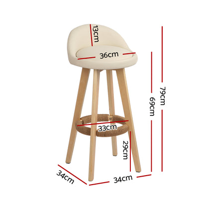 TWSC 4x Bar Stools Padded Leather Wooden Beige