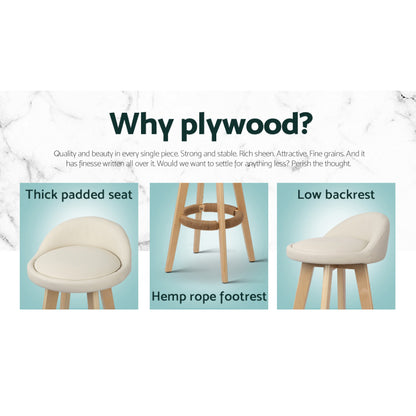 TWSC 4x Bar Stools Padded Leather Wooden Beige