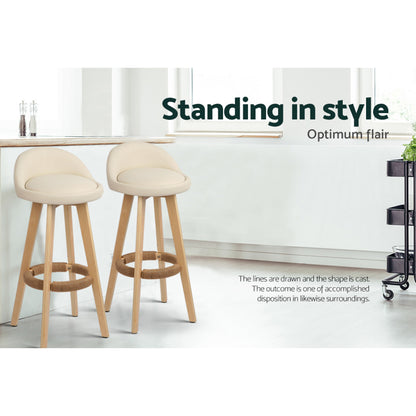 TWSC 4x Bar Stools Padded Leather Wooden Beige