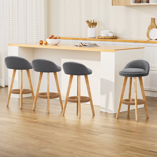 TWSC 4x Bar Stools Padded Linen Wooden Grey