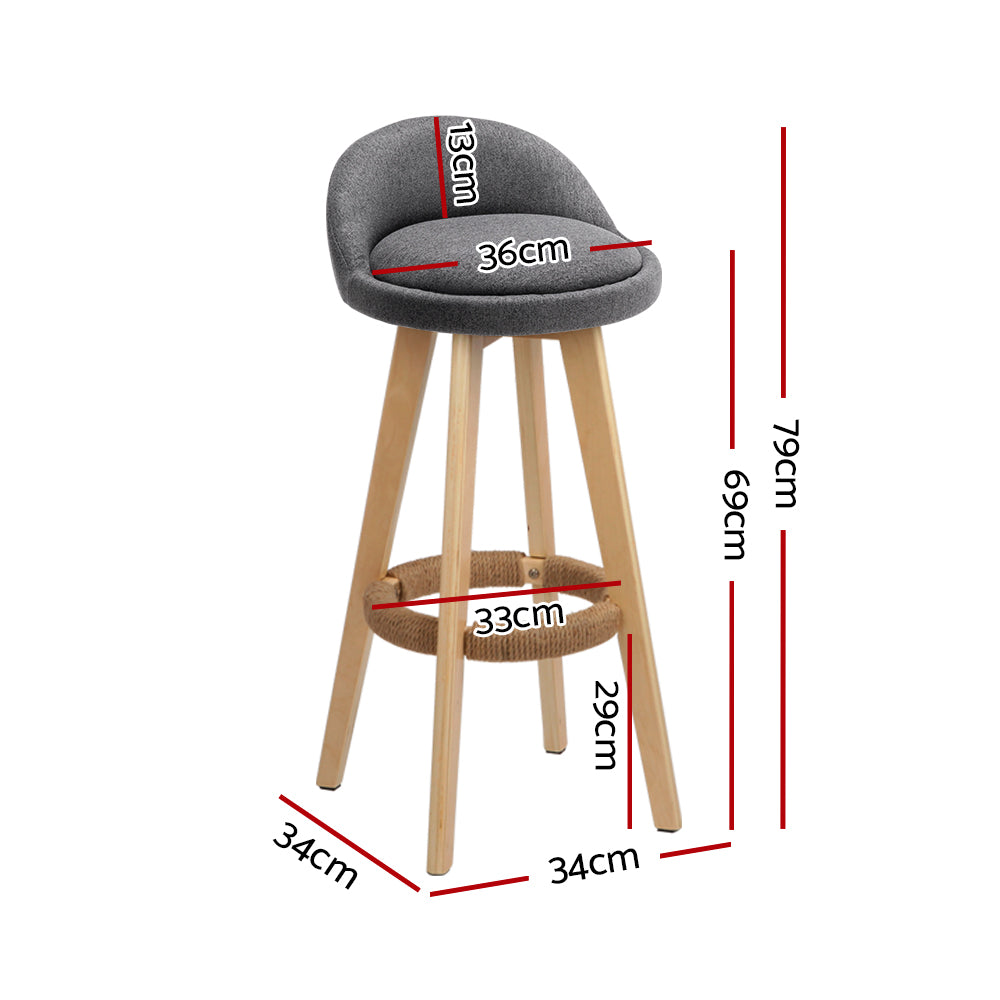 TWSC 4x Bar Stools Padded Linen Wooden Grey