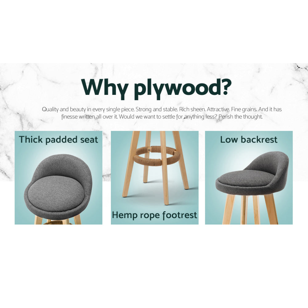 TWSC 4x Bar Stools Padded Linen Wooden Grey