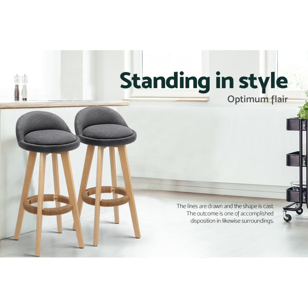 TWSC 4x Bar Stools Padded Linen Wooden Grey