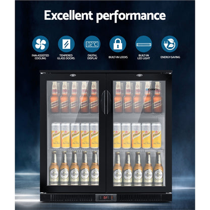 Devanti black bar fridge with dual glass doors, 198L capacity, compact kitchen appliance with transparent shelves and modern design.