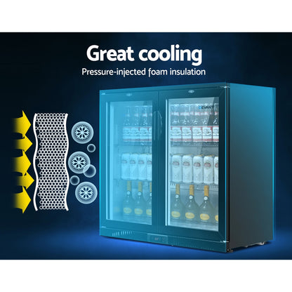 Devanti black 198L bar fridge with dual glass doors, compact kitchen appliance, ideal for beverages and snacks storage