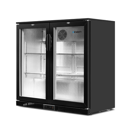 Devanti black dual glass door bar fridge with 198L capacity, modern appliance for storing beverages and snacks.