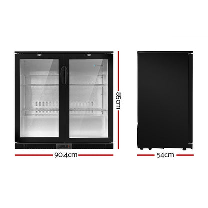 Devanti 198L black bar fridge with dual glass doors, compact appliance for stylish beverage storage and cooling.