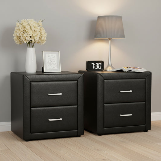TWSC 2X Bedside Table 2 Drawers Side Table Leather - CADEN Black