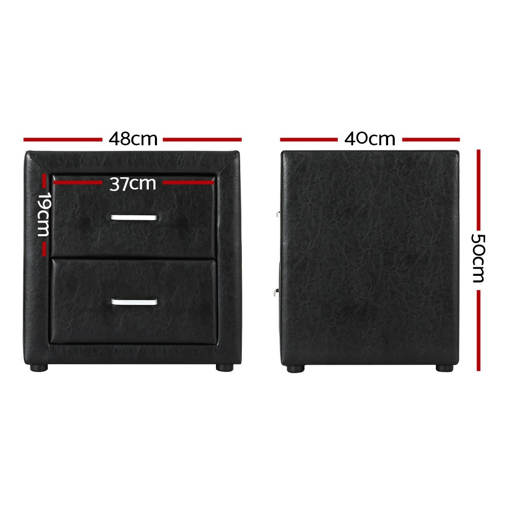 TWSC 2X Bedside Table 2 Drawers Side Table Leather - CADEN Black