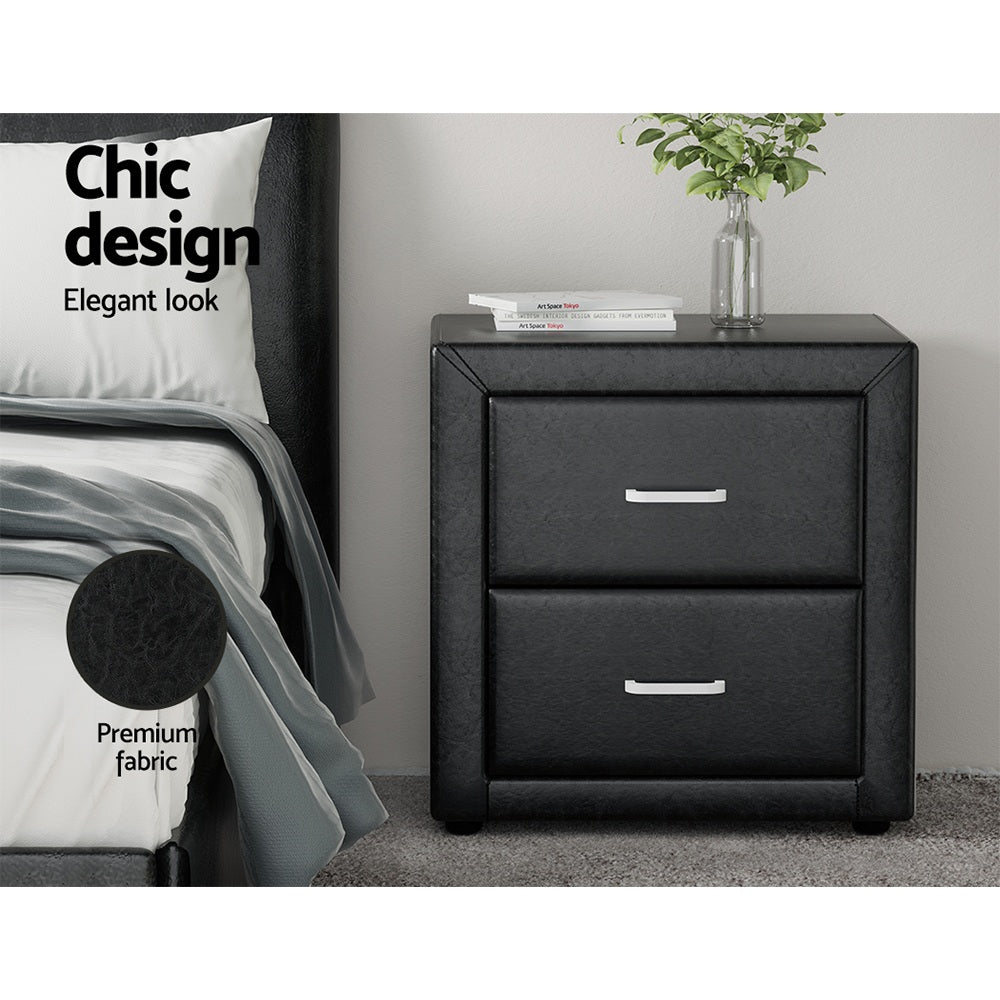 TWSC 2X Bedside Table 2 Drawers Side Table Leather - CADEN Black