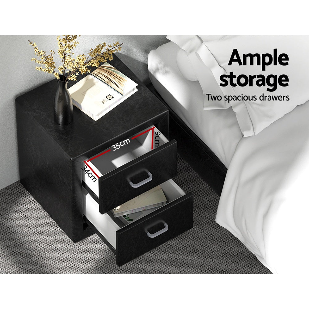 TWSC 2X Bedside Table 2 Drawers Side Table Leather - CADEN Black