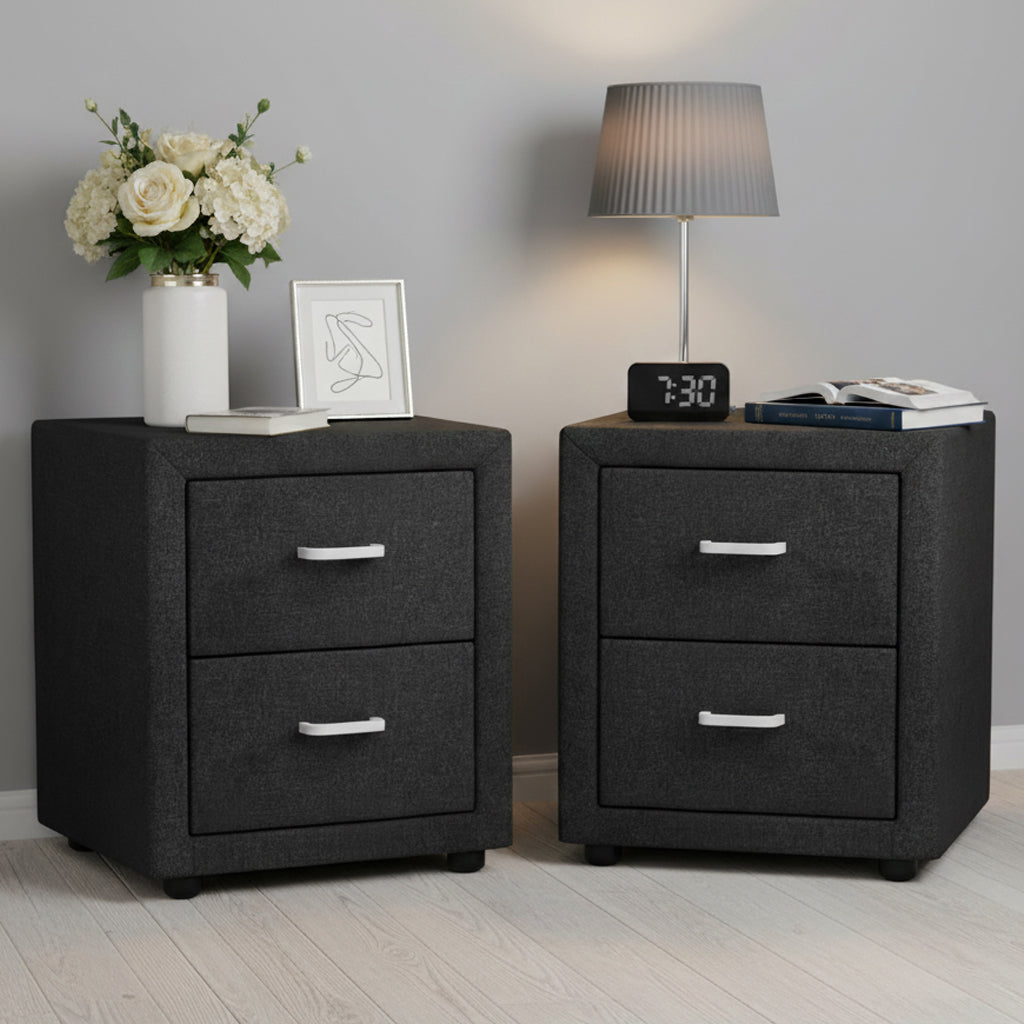 TWSC 2X Bedside Table 2 Drawers Fabric - CADEN Charcoal