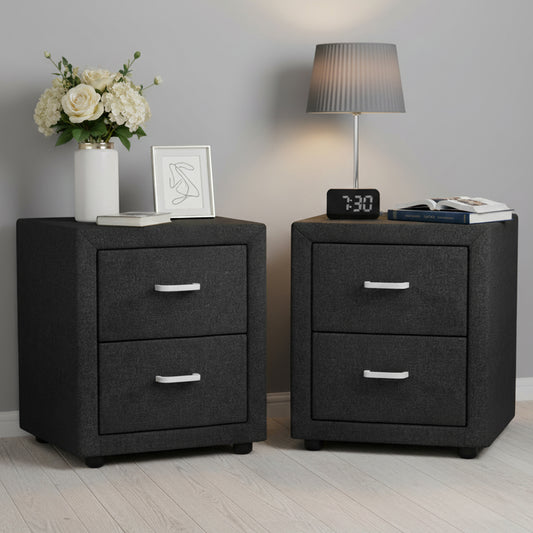 TWSC 2X Bedside Table 2 Drawers Fabric - CADEN Charcoal