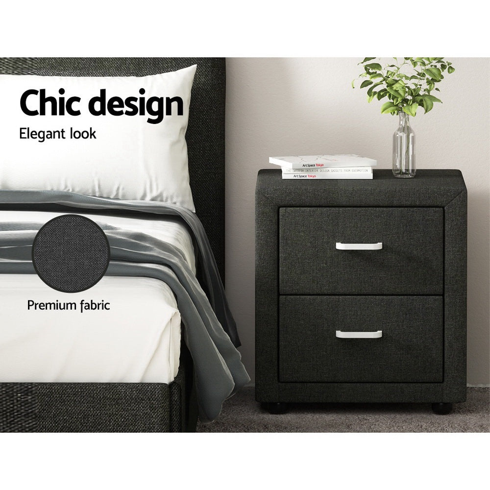 TWSC 2X Bedside Table 2 Drawers Fabric - CADEN Charcoal