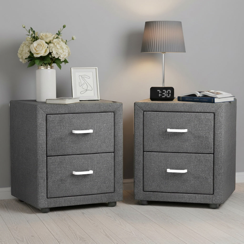 TWSC 2X Bedside Table 2 Drawers Side Table Fabric - CADEN Grey