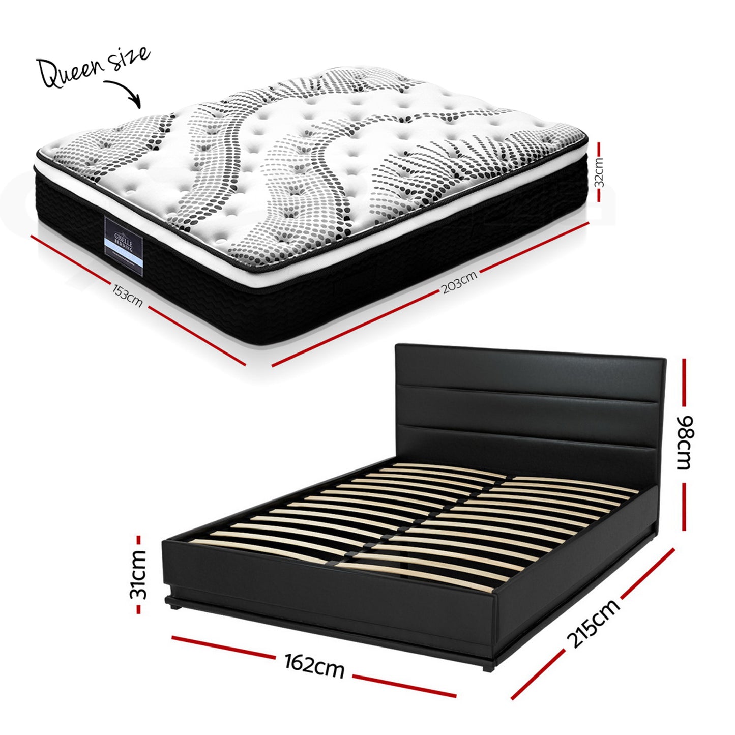 Queen Bed Frame with RGB LED Lighting and 32cm Giselle Mattress Set