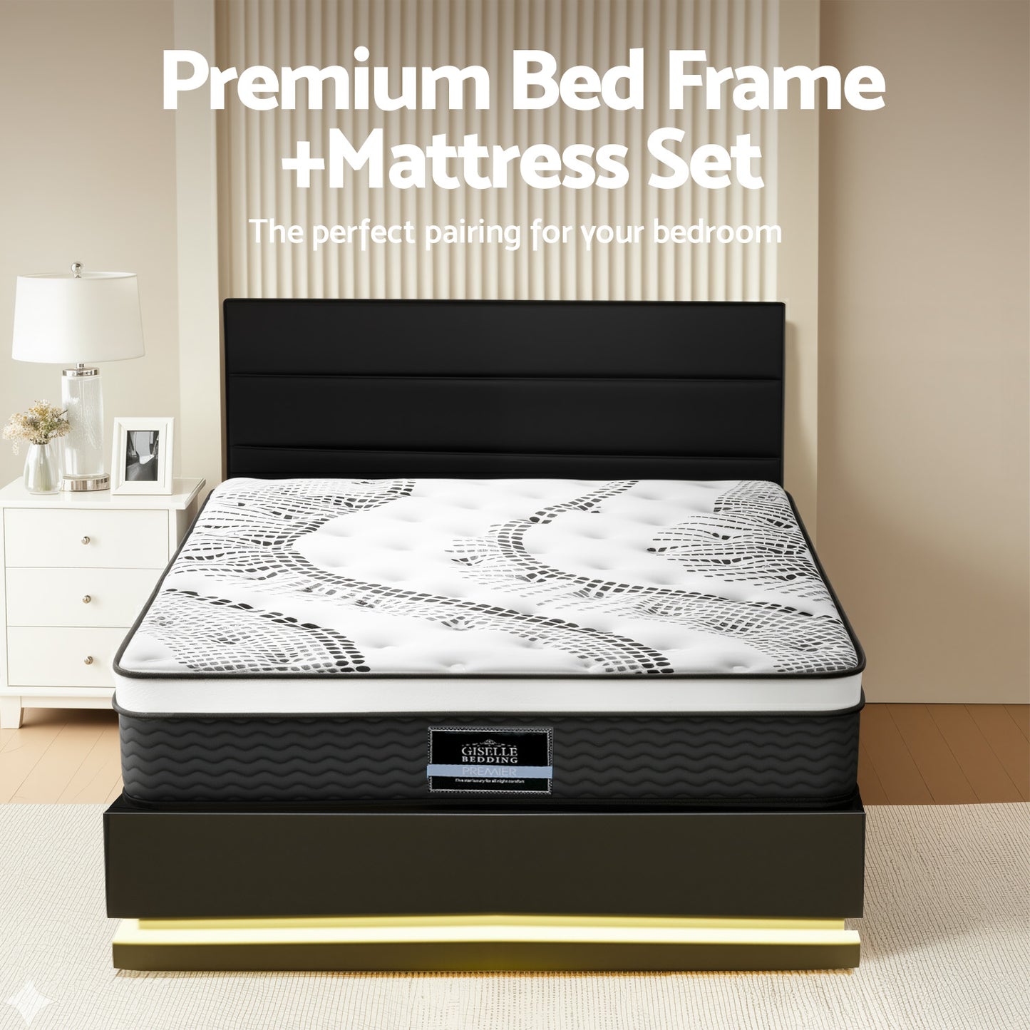 Queen Bed Frame with RGB LED Lighting and 32cm Giselle Mattress Set