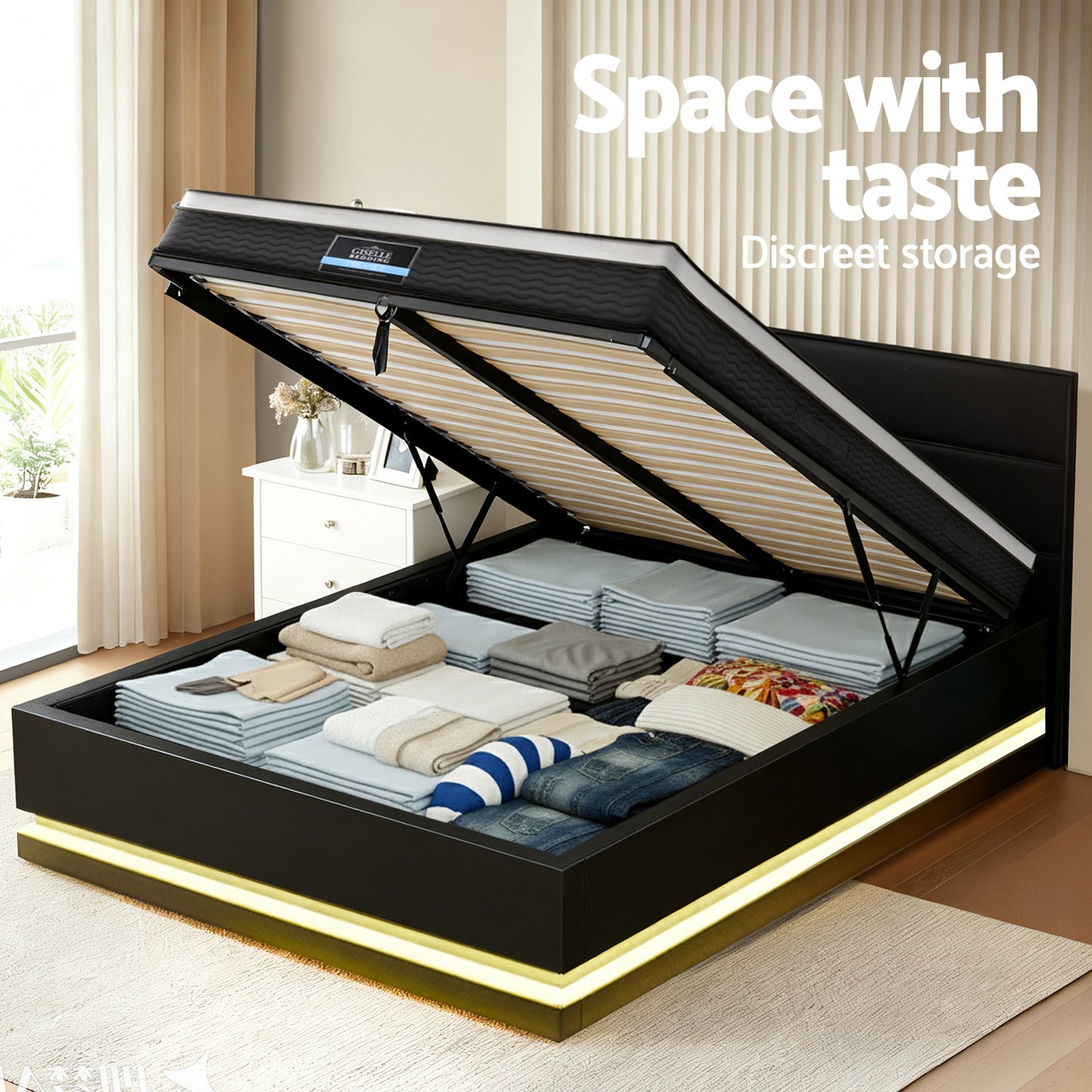 Queen Bed Frame with RGB LED Lighting and 32cm Giselle Mattress Set