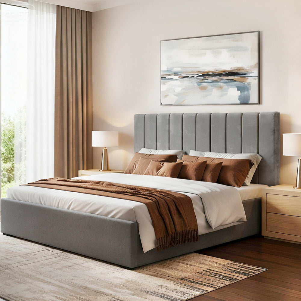 King Bed Frame with Gas Lift Storage and Grey Velvet Headboard
