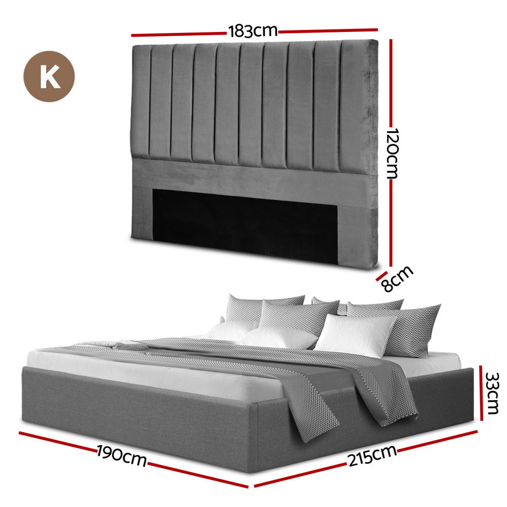 King Bed Frame with Gas Lift Storage and Grey Velvet Headboard