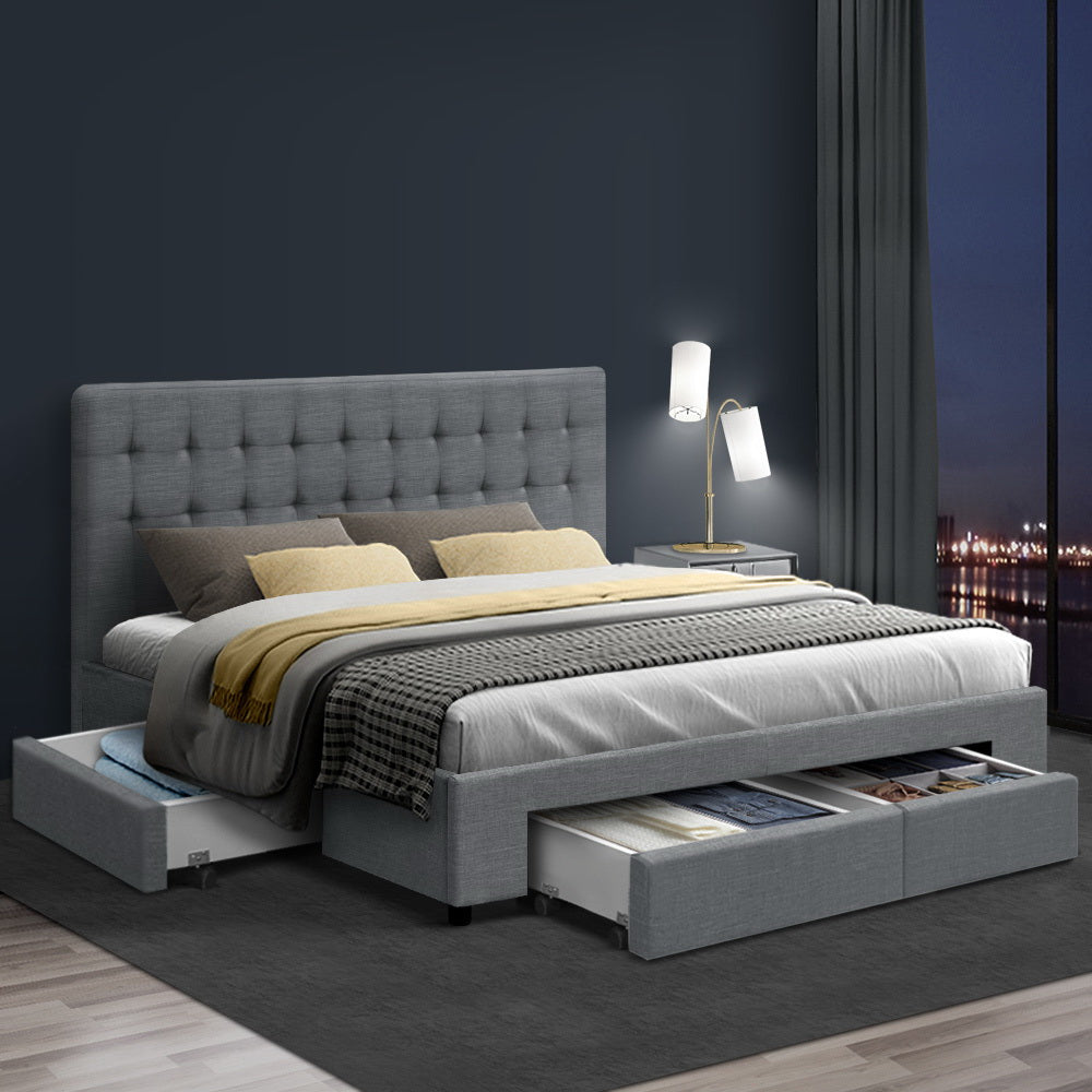 TWSC Bed Frame Queen Size with 4 Drawers Grey AVIO