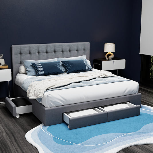 TWSC Bed Frame Queen Size with 4 Drawers Grey AVIO