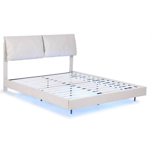 Double Bed Frame with RGB LED Lighting – Adjustable Headboard, Beige White