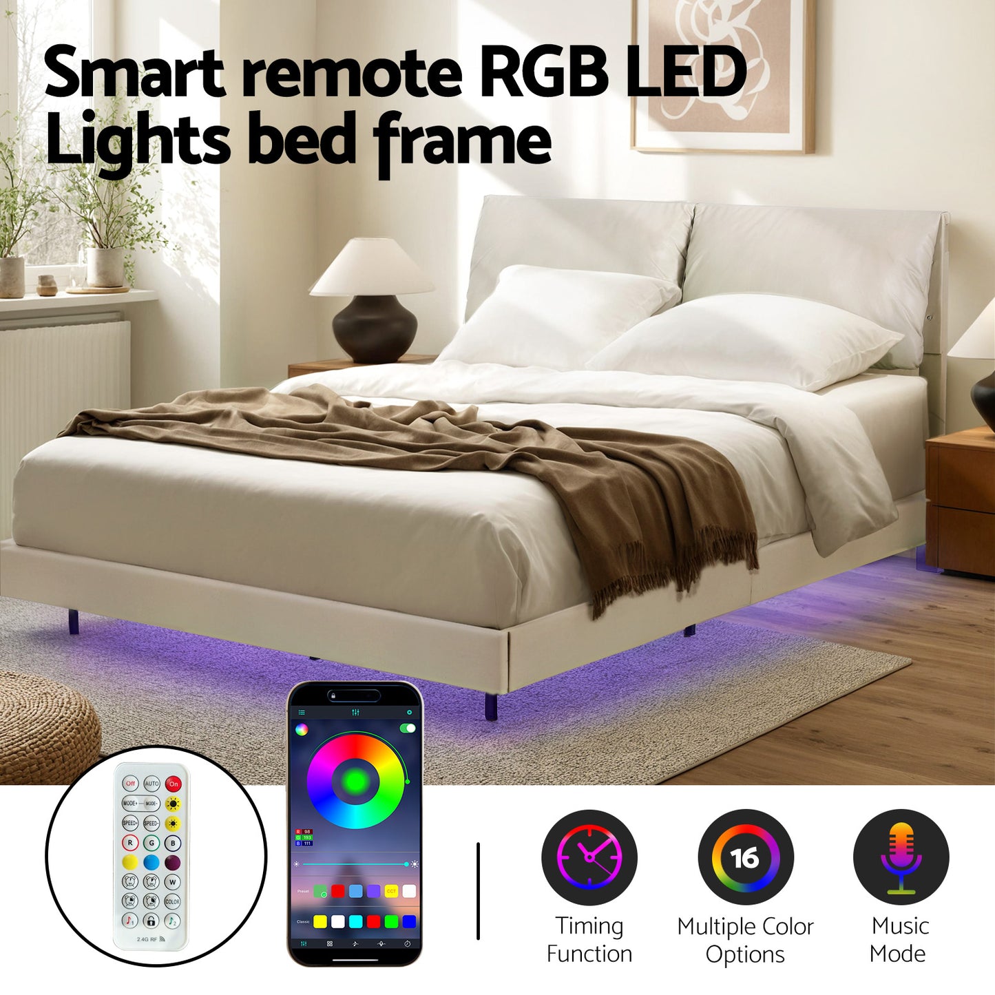 Double Bed Frame with RGB LED Lighting – Adjustable Headboard, Beige White