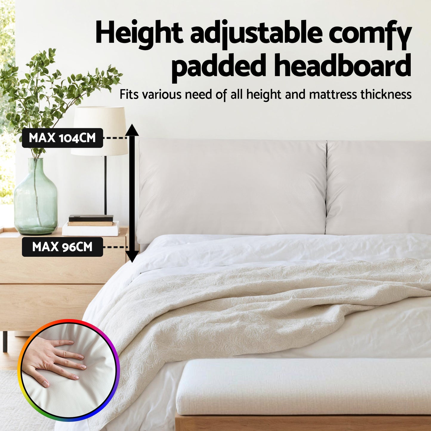 Double Bed Frame with RGB LED Lighting – Adjustable Headboard, Beige White