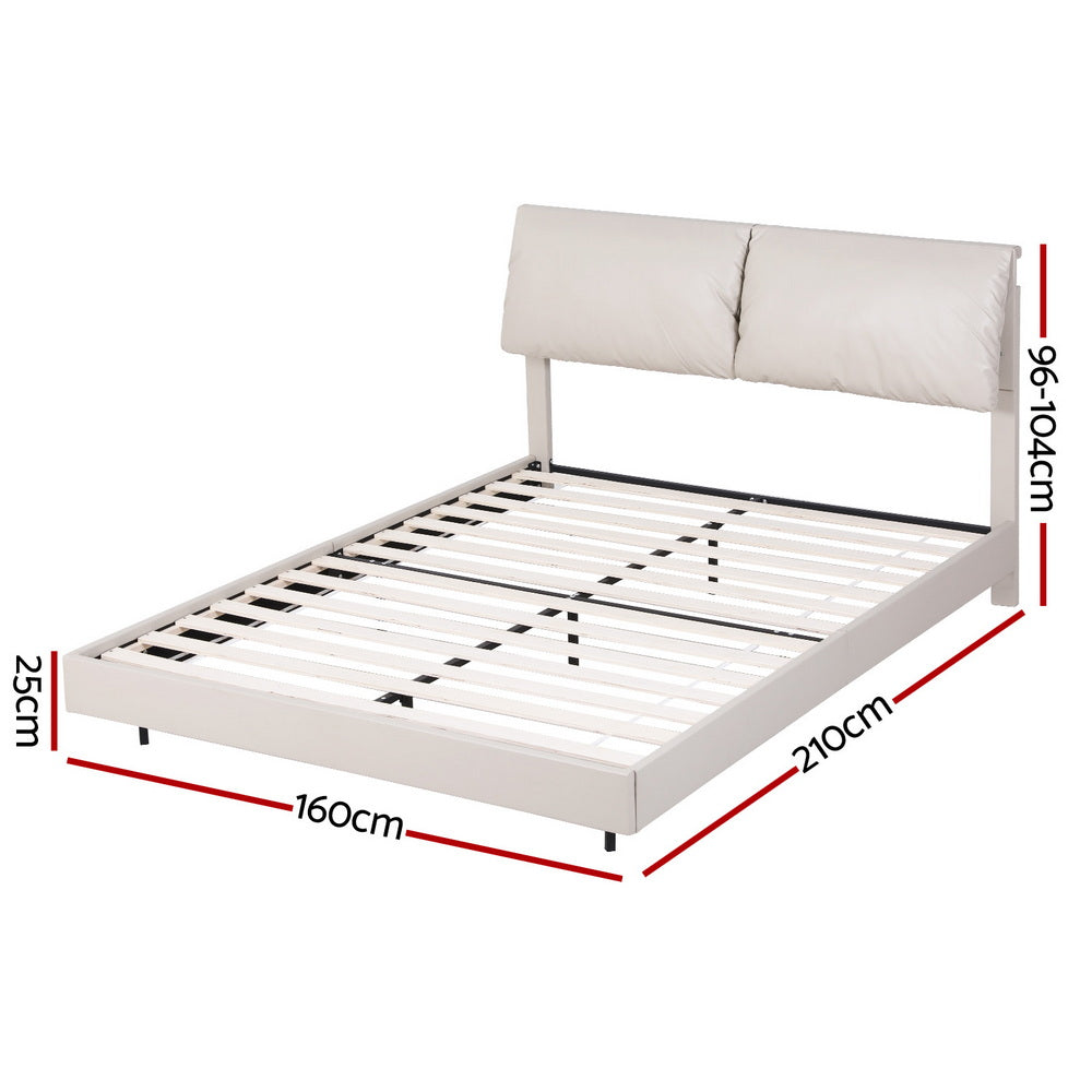 Queen Bed Frame – RGB LED Floating Design, Adjustable Headboard, Beige White