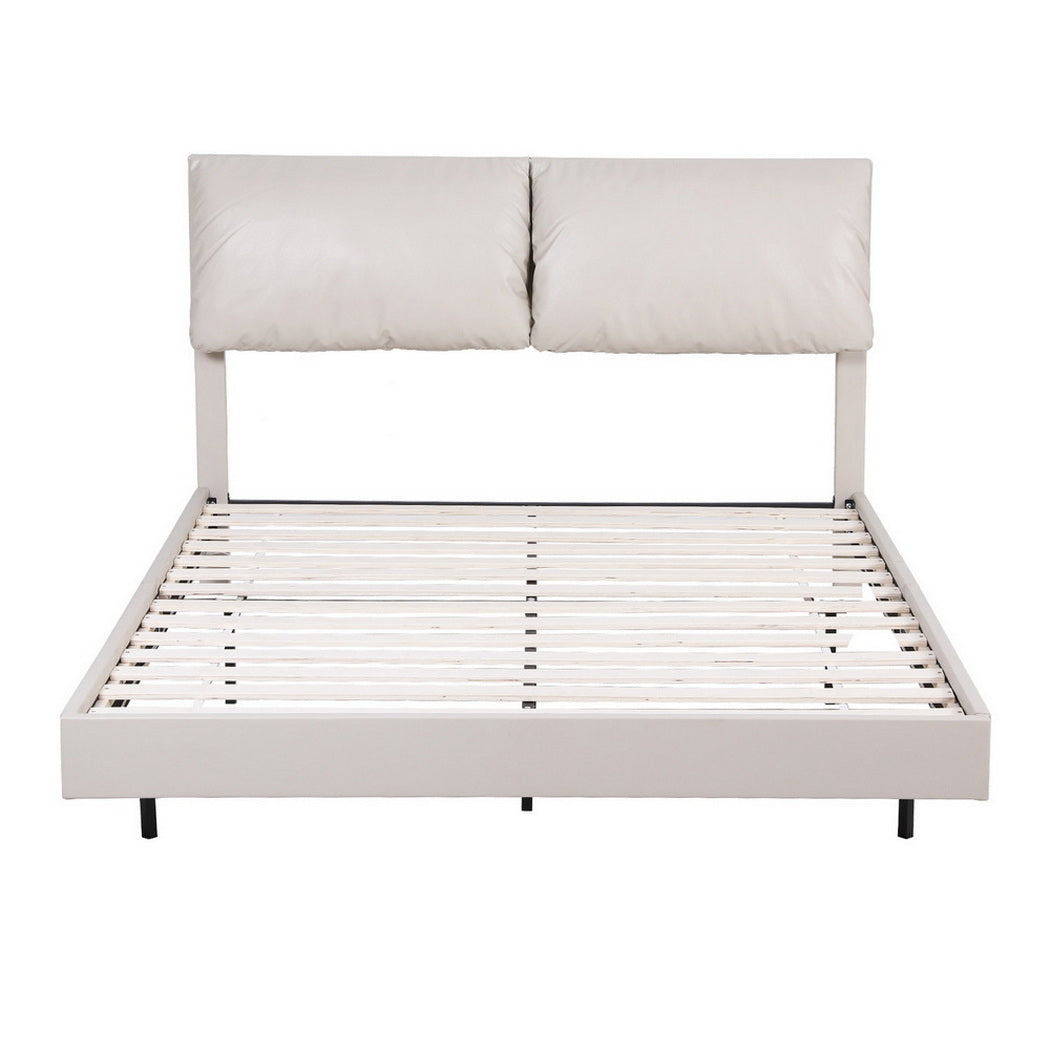 Queen Bed Frame – RGB LED Floating Design, Adjustable Headboard, Beige White