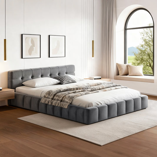 Double Bed Frame with Plush Velvet Headboard – Grey, Modern Platform Design