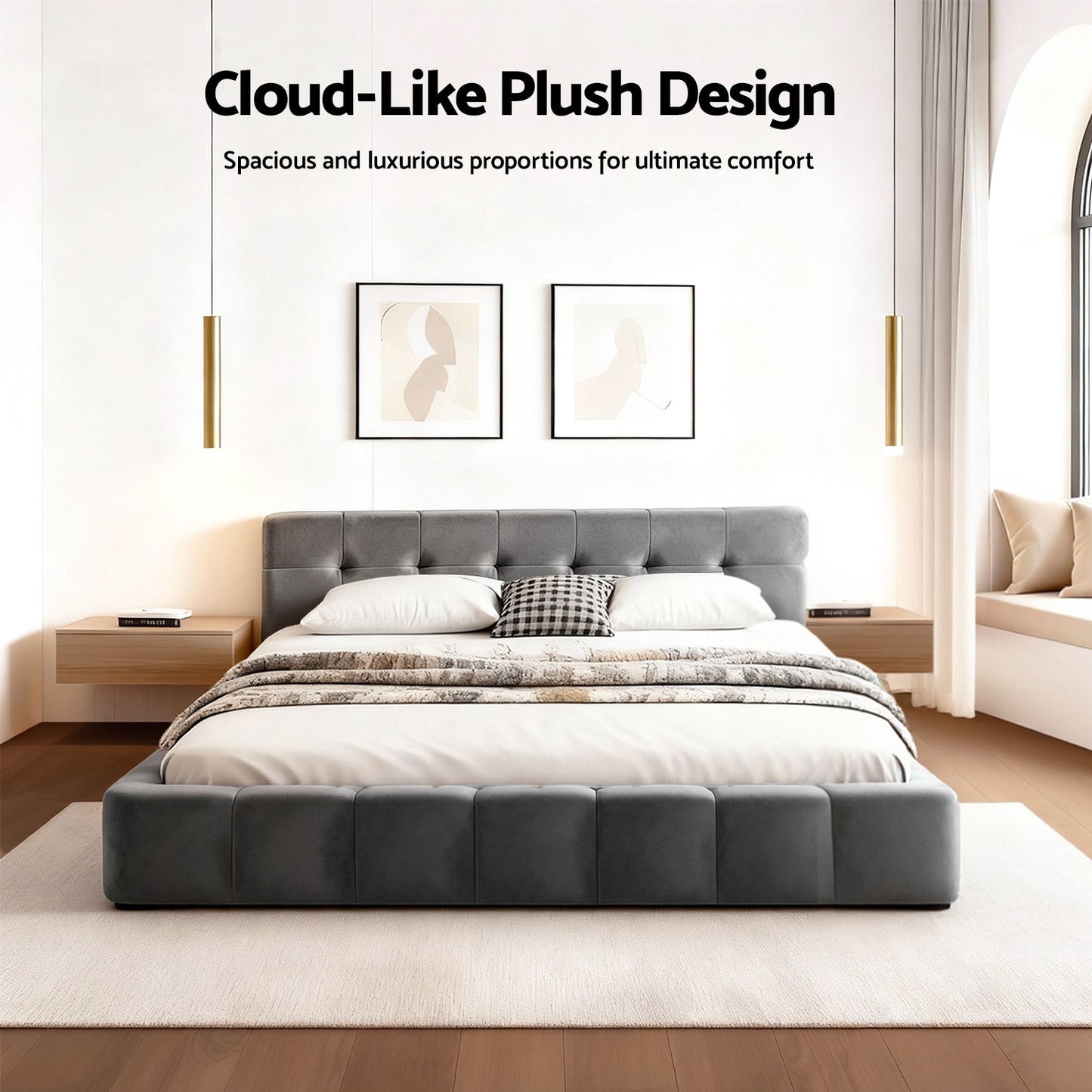 Double Bed Frame with Plush Velvet Headboard – Grey, Modern Platform Design