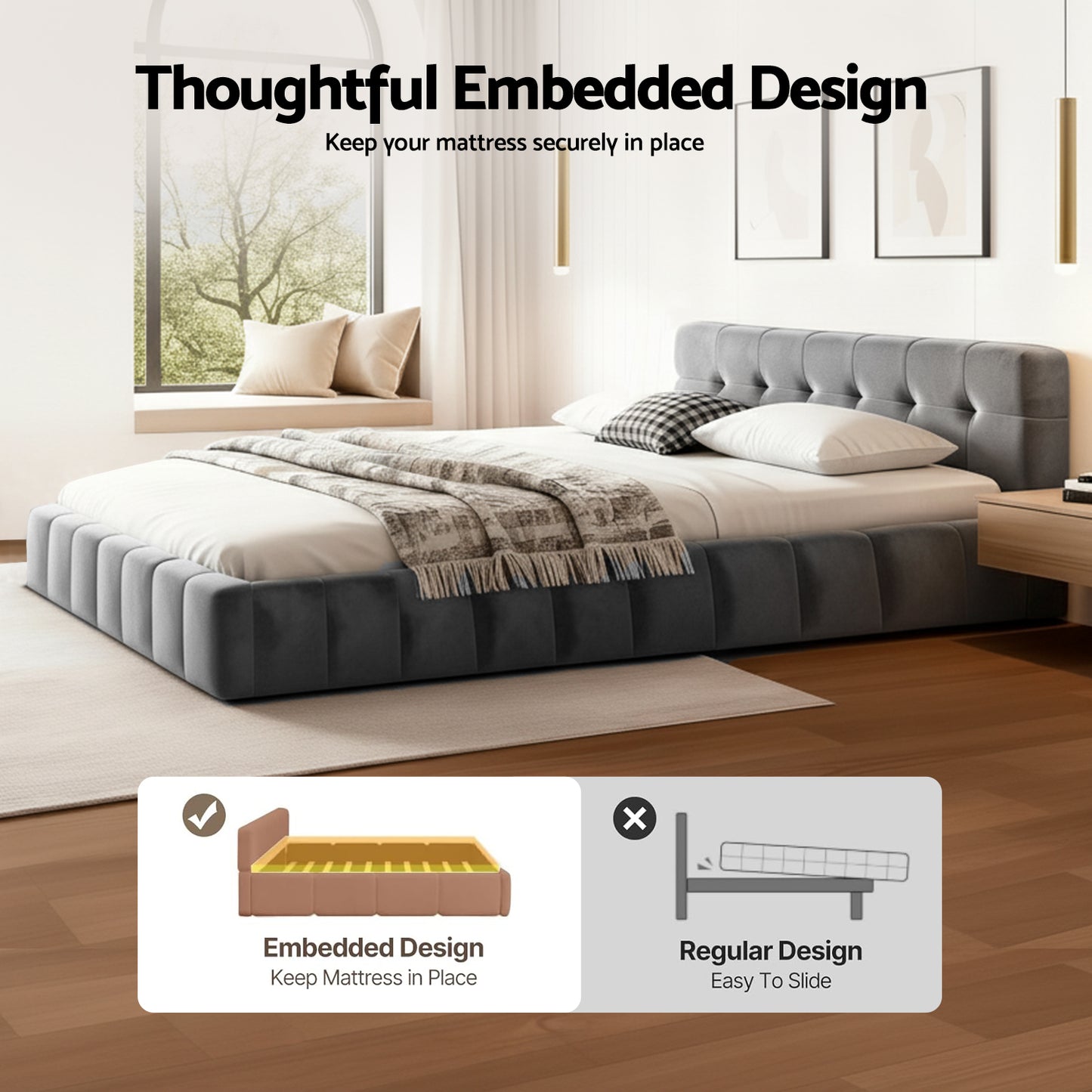 Double Bed Frame with Plush Velvet Headboard – Grey, Modern Platform Design
