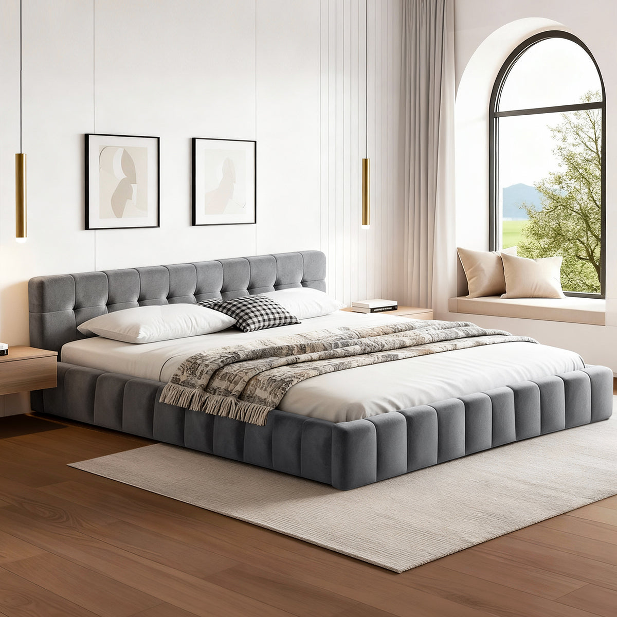 TWSC King Size Bed Frame Plush Soft Headboard Velvet Platform Base for Modern Bedrooms Grey