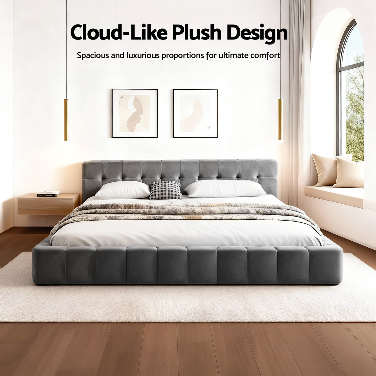 TWSC King Size Bed Frame Plush Soft Headboard Velvet Platform Base for Modern Bedrooms Grey