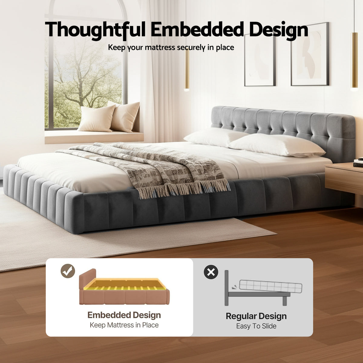 TWSC King Size Bed Frame Plush Soft Headboard Velvet Platform Base for Modern Bedrooms Grey