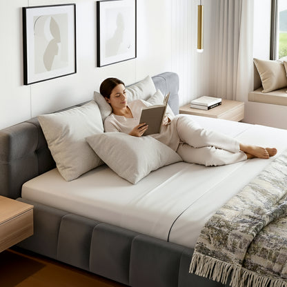 TWSC King Size Bed Frame Plush Soft Headboard Velvet Platform Base for Modern Bedrooms Grey