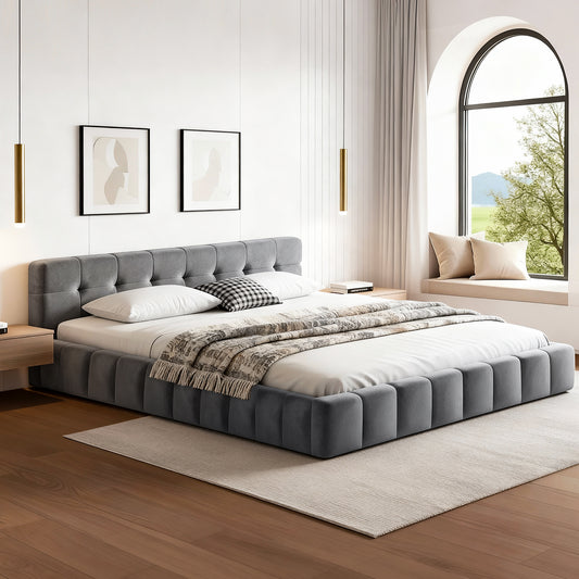 TWSC Queen Size Bed Frame Plush Soft Headboard Velvet Platform Base for Modern Bedrooms Grey