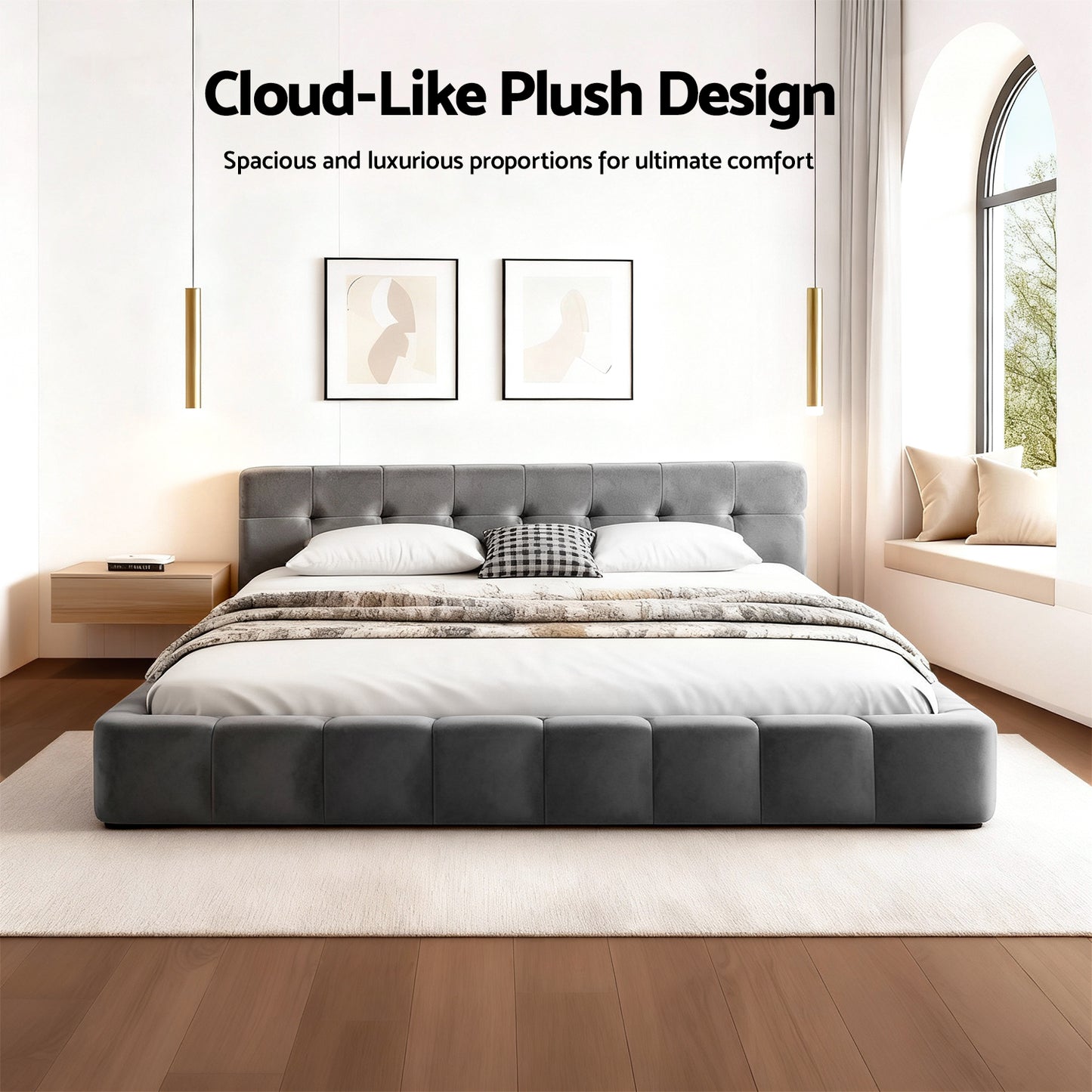 TWSC Queen Size Bed Frame Plush Soft Headboard Velvet Platform Base for Modern Bedrooms Grey