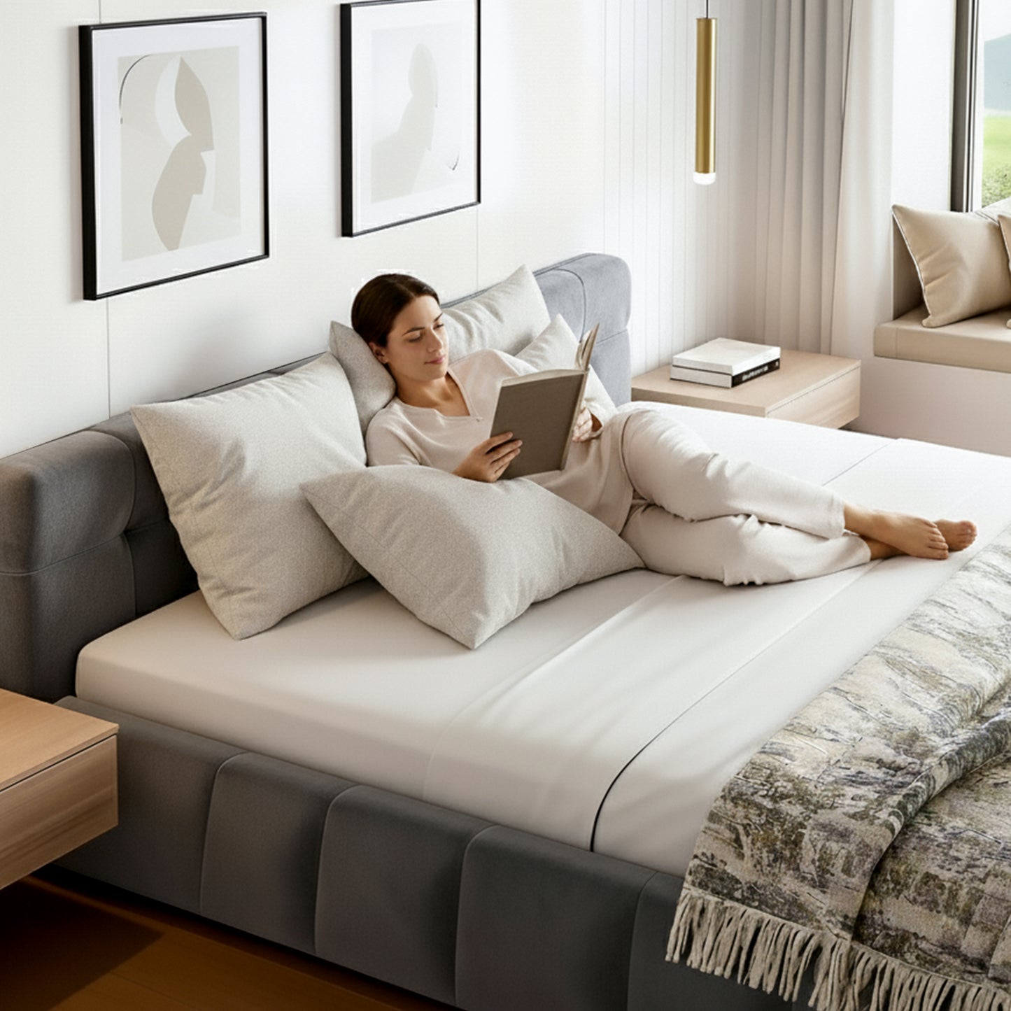 TWSC Queen Size Bed Frame Plush Soft Headboard Velvet Platform Base for Modern Bedrooms Grey