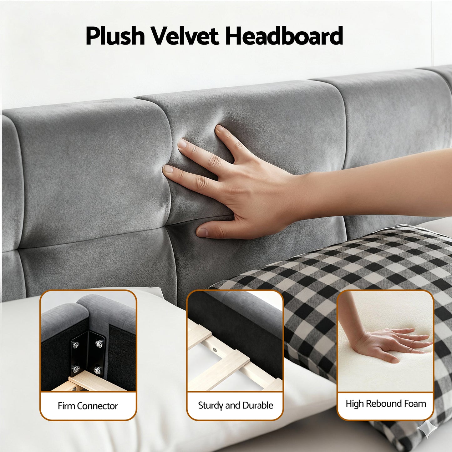 TWSC Queen Size Bed Frame Plush Soft Headboard Velvet Platform Base for Modern Bedrooms Grey