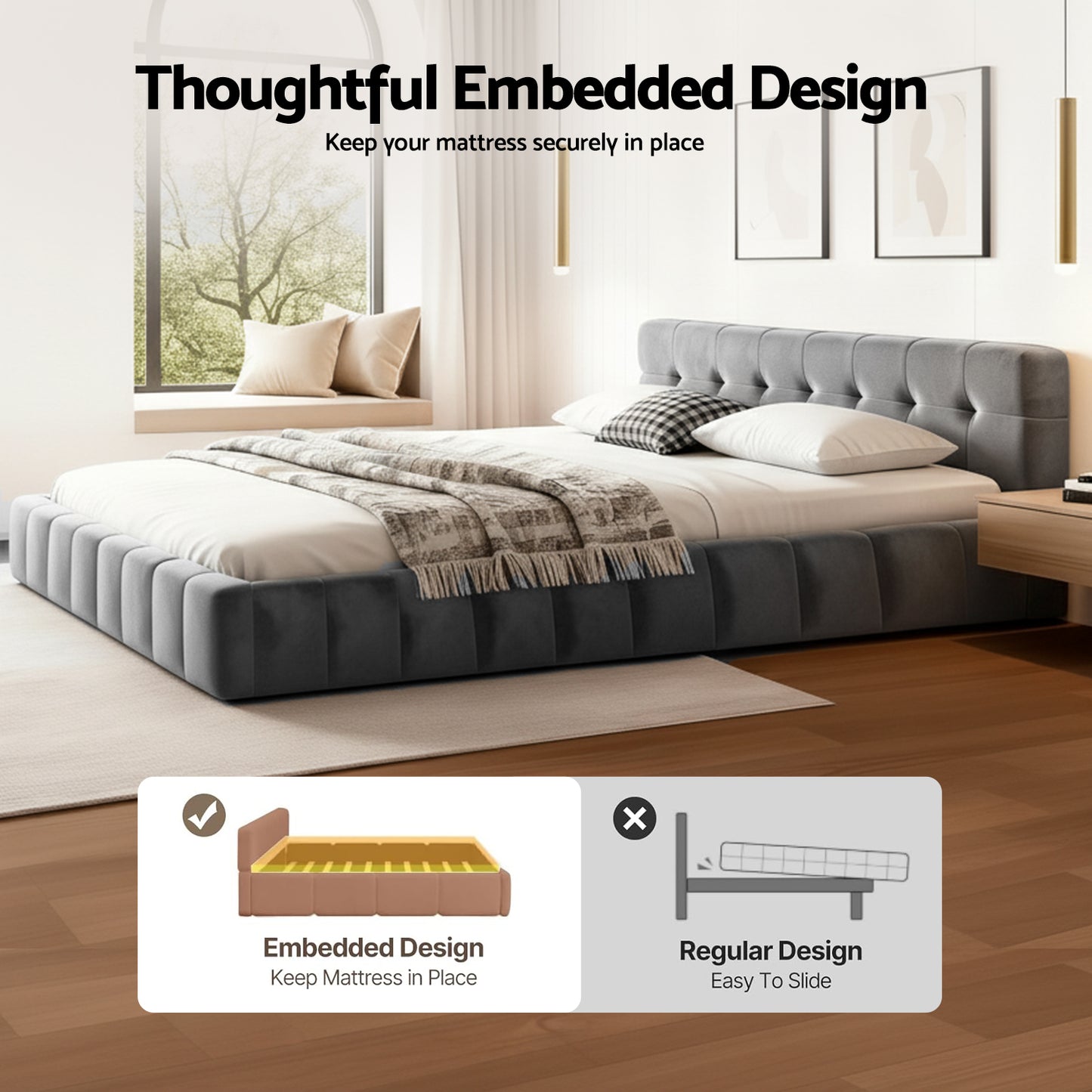 TWSC Queen Size Bed Frame Plush Soft Headboard Velvet Platform Base for Modern Bedrooms Grey
