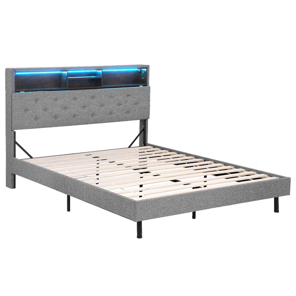 Double Bed Frame with LED Lighting and Hidden Storage – Grey Upholstery