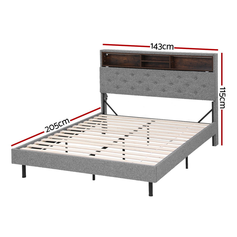 Double Bed Frame with LED Lighting and Hidden Storage – Grey Upholstery