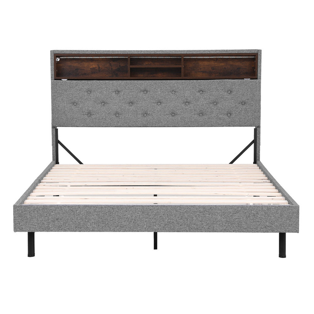 Double Bed Frame with LED Lighting and Hidden Storage – Grey Upholstery